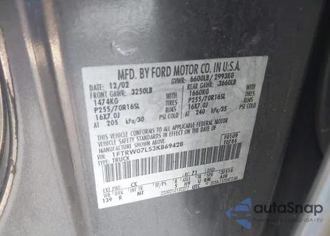 2003 Ford F-150 Lariat/Xlt from USA, damaged, VIN 1FTRW07L53KB69428